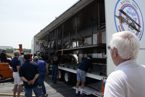 The Wright B Flyer is loaded in its custom trailer for shipment to EAA AirVenture 2015 in Oshkosh, Wis. The tail, front skids and vanes have been removed. The airplane will be reassembled for static display and flybys at  AirVenture.