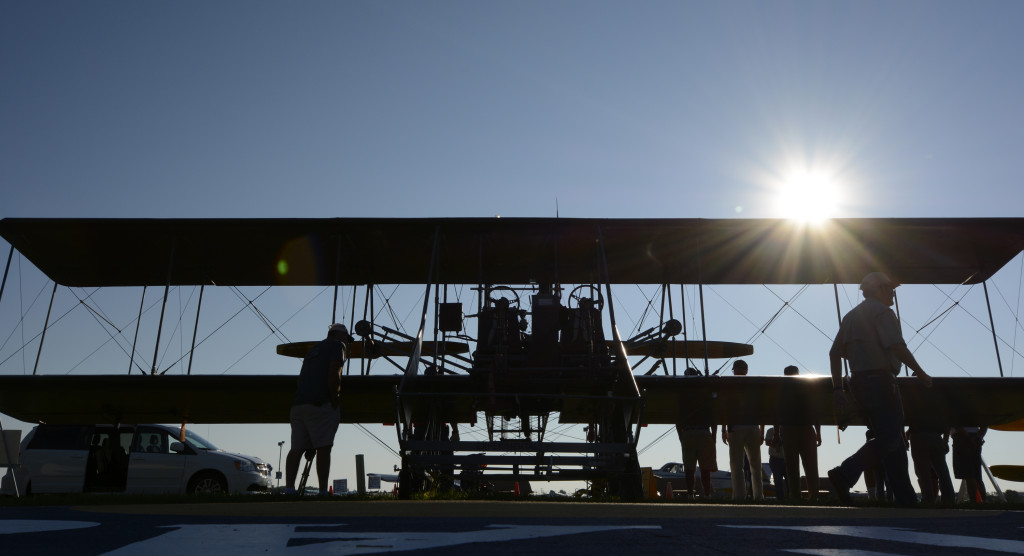 Photo of Wright B Flyer on Vintage square, backlit by morning sun.