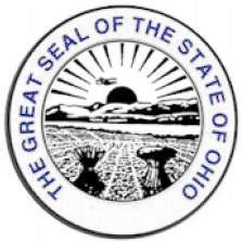 Image of the Great Seal of the State of Ohio with a Wright Flyer added to it.